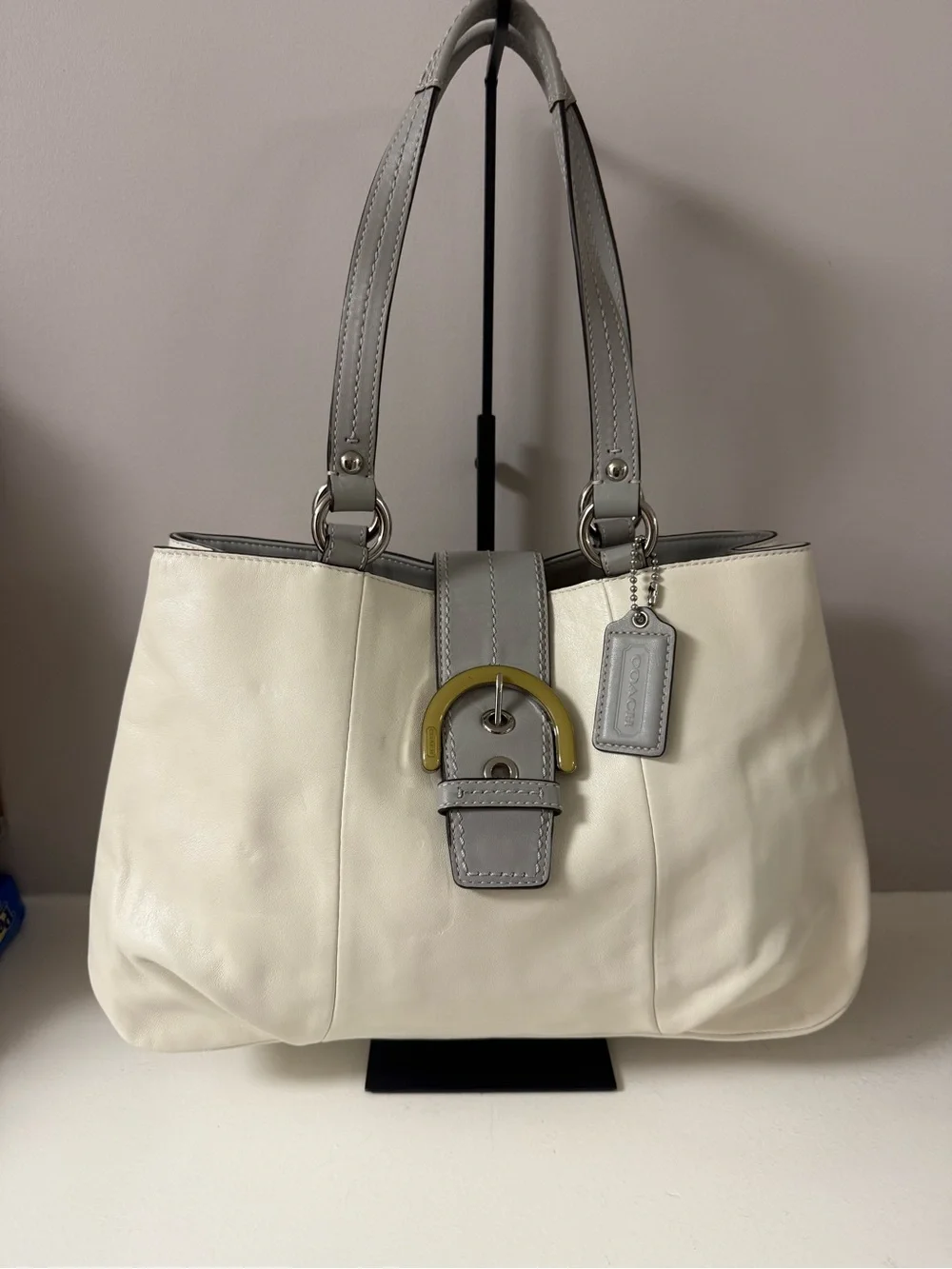 Coach Lynn Cream and Gray Leather Shoulder Tote Like New